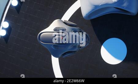 Futuristisches Schiff landet auf futuristischer Basis in den Wolken. 3d-Rendering. Stockfoto