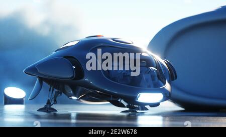 Futuristisches Schiff landet auf futuristischer Basis in den Wolken. 3d-Rendering. Stockfoto