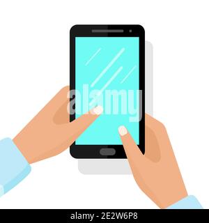 Hände halten ein Smartphone. Vektorgrafik flach. Stock Vektor
