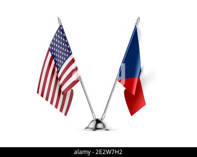 Schreibtisch Fahnen, Vereinigten Staaten von Amerika und die Tschechische Republik, auf weißem Hintergrund. 3D-Bild Stockfoto