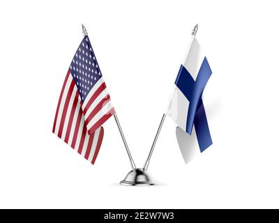 Schreibtisch Fahnen, Vereinigten Staaten von Amerika und Finnland, auf weißem Hintergrund. 3D-Bild Stockfoto