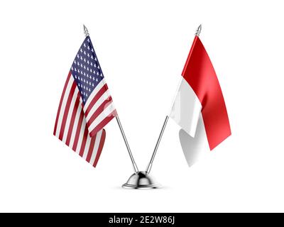 Schreibtisch Fahnen, Vereinigten Staaten von Amerika und Indonesien, auf weißem Hintergrund. 3D-Bild Stockfoto