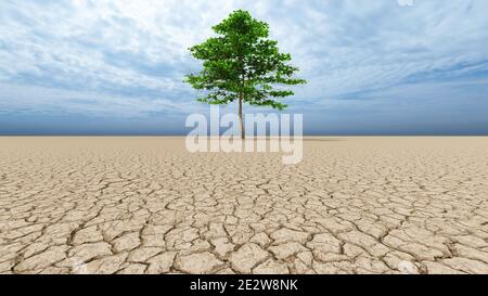 Konzept oder konzeptuelle Wüstenlandschaft mit einem grünen Baum als Metapher für globale Erwärmung und Klimawandel. Stockfoto