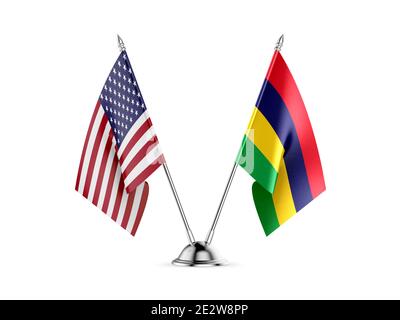 Schreibtisch Fahnen, Vereinigten Staaten von Amerika und Mauritius, auf weißem Hintergrund. 3D-Bild Stockfoto