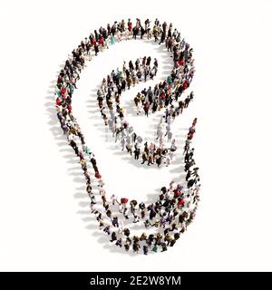 Konzept oder konzeptuelle große Gemeinschaft von Menschen, die das Bild eines Ohres auf grauem Hintergrund bilden. Eine 3d-Illustration Metapher für Hörverlust, Tinnitus Stockfoto