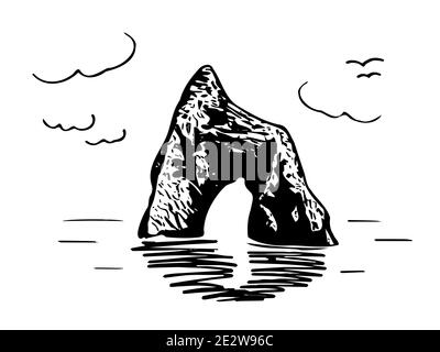 Skizze eines Felsens im Meer mit Wolken und Möwen, Vektorgrafik. Stock Vektor
