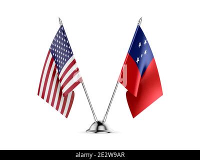 Schreibtisch Fahnen, Vereinigten Staaten von Amerika und Samoa, auf weißem Hintergrund. 3D-Bild Stockfoto