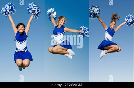 Collage Porträt von Cheerleader springen in der Luft mit Pom Poms Stockfoto