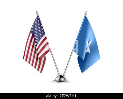 Schreibtisch Fahnen, Vereinigten Staaten von Amerika und Somalia, auf weißem Hintergrund. 3D-Bild Stockfoto