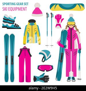 Sportausrüstung. Ski-Ausrüstung und Skifahrer Frau flaches Design-Symbol.Vektor-Illustration Stock Vektor