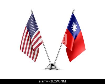 Schreibtisch Fahnen, Vereinigten Staaten von Amerika und von Taiwan, auf weißem Hintergrund. 3D-Bild Stockfoto