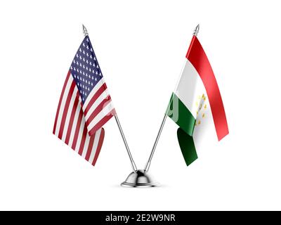 Schreibtisch Fahnen, Vereinigten Staaten von Amerika und Tadschikistan, auf weißem Hintergrund. 3D-Bild Stockfoto