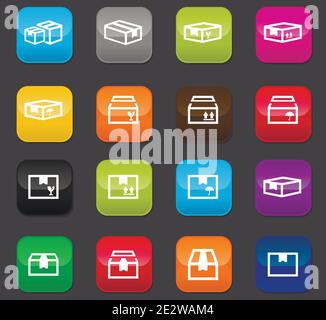 Einfacher Satz von Box und Kisten verwandte Vektor-Symbole für Ihr Design. Farbige Tasten auf dunklem Hintergrund Stock Vektor