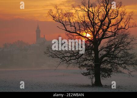 Kloster Andechs im Nebel bei Sonnenuntergang, mit der Silhouette eines Baumes im Vordergrund Stockfoto