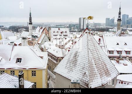 Estland. Tallinn. Januar 14, 2021. Rote Ziegeldächer, Türme und Türme in der Altstadt. Mittelalterliche Architektur des Baltikums. Winter, Stadtlandschaft. Panorama der Stadt. Hochwertige Fotos Stockfoto