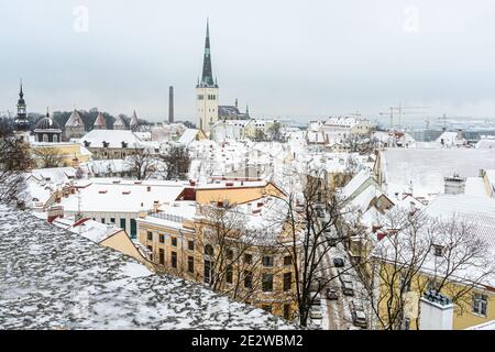 Estland. Tallinn. Januar 14, 2021. Rote Ziegeldächer, Türme und Türme in der Altstadt. Mittelalterliche Architektur des Baltikums. Winter, Stadtlandschaft. Panorama der Stadt. Hochwertige Fotos Stockfoto