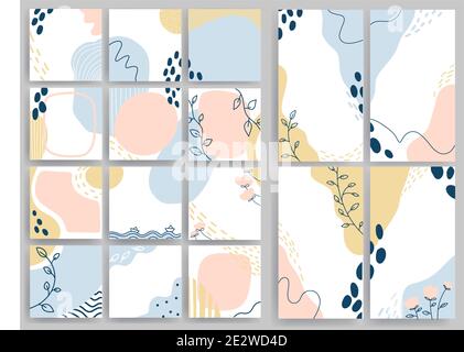 Trendige Baby quadratische Farbvorlagen mit Doodle geometrischen Elementen. Für Social Media Geschichten und Beiträge, mobile Apps, Banner-Design und Web. Hintergründe Set. Vektorgrafik Stock Vektor