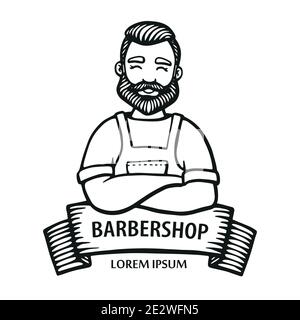 Barbershop-Logo. Handgezeichneter Hipster-Typ mit Schnurrbart, Bart mit Band. Mann Barbier mit Armen in einer Schürze gekreuzt. Vektorlinien-Logo. Aufkleber, Logo Stock Vektor