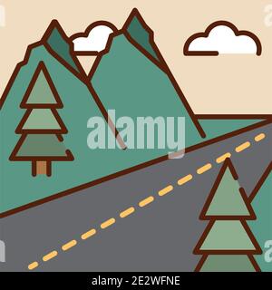 Landschaft Asphalt Route Berge Bäume Himmel Natur Cartoon, Vektor-Illustration gefüllt Linie flachen Farben Stock Vektor