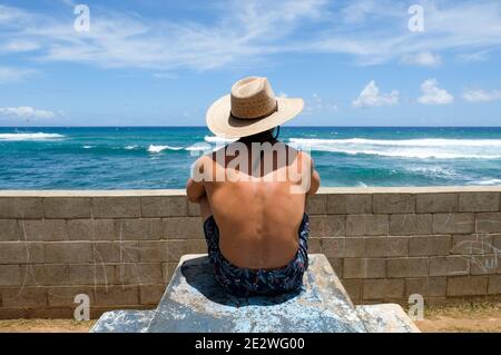Ein Surfer blickt auf das Meer im Ho'okipa Beach Park, Paia, Maui, Hawaii Stockfoto