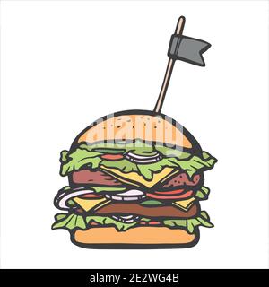 Handgezeichnete Burger heißes Gericht. Köstliche Sandwich-Linie Vektor Stock Illustration. Konzept für Menü, Fast Food. Symbol. Stock Vektor
