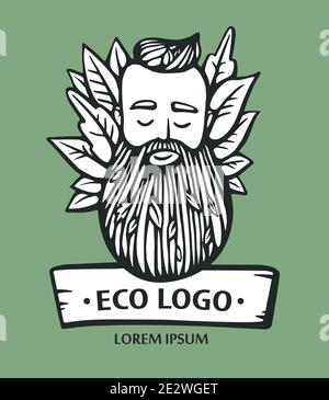 Eco Nature-Logo. Hipster Kopf mit blühenden Bart mit Blättern. Handgezeichnete Vektorgrafik. Bärtiger Mann Emblem für Öko-Produkte. Stock Vektor
