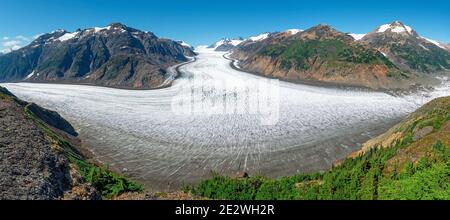 Eisfluss des Lachgletschers und der Boundary Bergkette bei Hyder City, Alaska, Vereinigte Staaten von Amerika (USA). Stockfoto