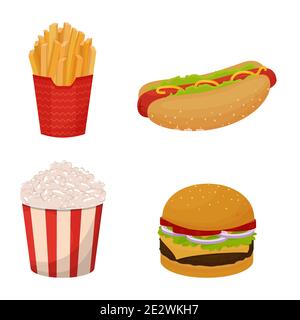 Set von detaillierten Fast Food. Sammlung von Pommes frites, Popcorn, Hotdog, Burger isoliert auf weißem Hintergrund. . Vektorgrafik Stock Vektor