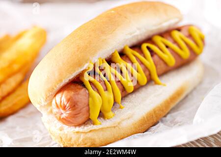 Hotdog mit Pommes, Sauce und pommes frites. Hochwertige Fotos. Stockfoto