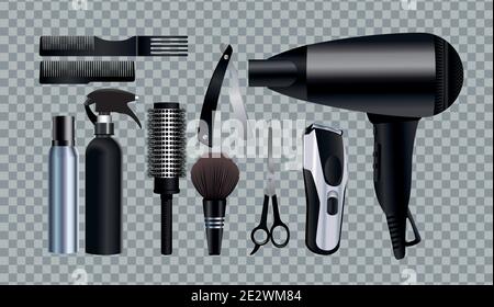 Friseurwerkzeuge Ausrüstung Symbole in grauem Hintergrund Vektor Illustration Design Stock Vektor