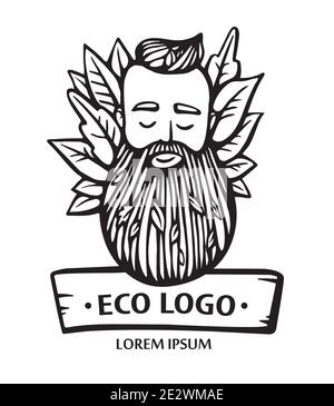 Eco Nature-Logo. Hipster Kopf mit blühenden Bart mit Blättern. Handgezeichnete Vektorgrafik. Bärtiger Mann Emblem für Öko-Produkte. Stock Vektor