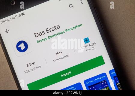 Neckargemünd, Deutschland: 15. Januar 2021: App-Ikone von 'das erste' oder 'ARD', einer gemeinsamen Organisation des regionalen öffentlich-rechtlichen Fernsehens und des r Stockfoto