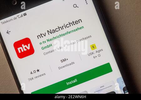 Neckargemuend, Deutschland: 15. Januar 2021: App-Icon von 'n-tv', einem privaten deutschen Free-to-Air-TV-Nachrichtensender im google App Store auf Telefon sc Stockfoto