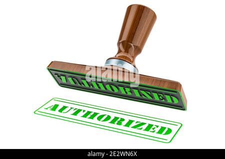 Autorisierter Stempel. Holzstamper, Dichtung mit Text autorisiert, 3D-Rendering isoliert auf weißem Hintergrund Stockfoto