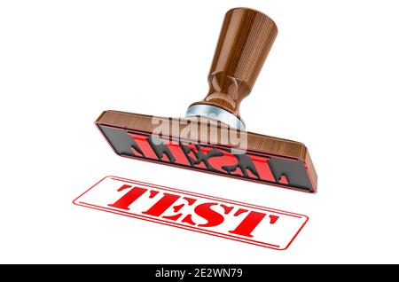 Teststempel. Holzstamper, Dichtung mit Text-Test, 3D-Rendering isoliert auf weißem Hintergrund Stockfoto