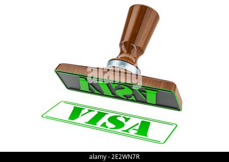 Visa-Stempel. Holzstamper, Siegel mit Text Visum, 3D-Rendering isoliert auf weißem Hintergrund Stockfoto