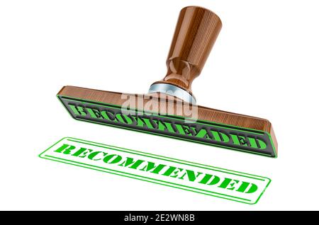 Empfohlener Stempel. Holzstamper, Dichtung mit Text empfohlen, 3D-Rendering isoliert auf weißem Hintergrund Stockfoto