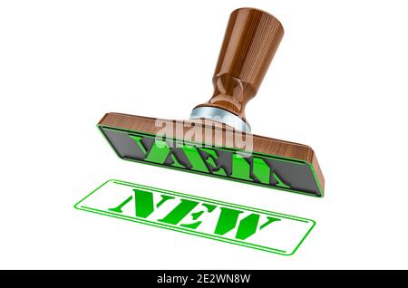 Neuer Stempel. Holzstamper, Dichtung mit Text neu, 3D-Rendering isoliert auf weißem Hintergrund Stockfoto