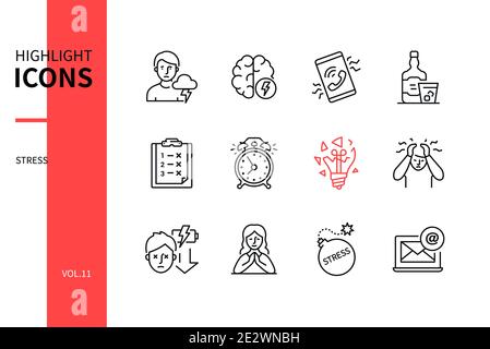 Stress und psychologische Probleme - Linie Design Stil Symbole gesetzt. Schwarzweißbilder. Traurige Person, Schwierigkeiten bei der Arbeit, schlechte Gewohnheiten, Misserfolgeideen. Stock Vektor
