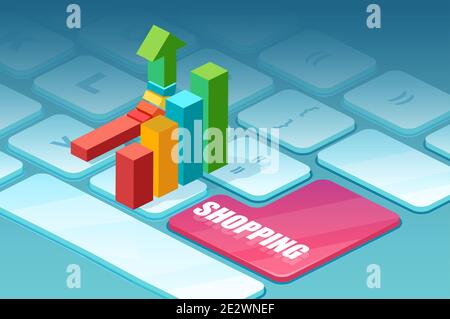 Vektor eines Balkendiagramms auf einer Laptop-Tastatur als Symbol für wachsende Online-Verkäufe Stock Vektor