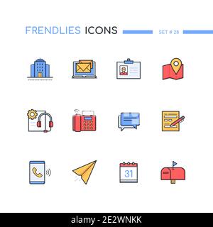 Kontaktieren Sie uns - Moderne Linie Design Stil Icons Set. Workflow, Büroleben und technische Unterstützung Idee. Bunte Bilder von E-Mail, Chat, Standort, Akkun Stock Vektor