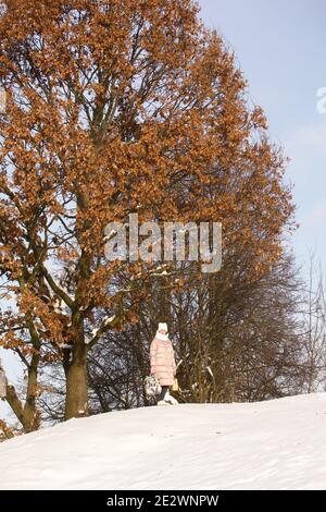 Frau in Winterkleidung auf einem Spaziergang im Park. Es gibt viel Schnee. Stockfoto