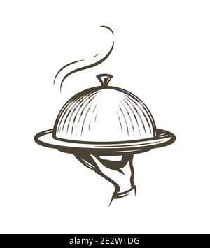 Kellnerhand hält ein Tablett auf weißem Hintergrund. Symbol für Restaurants, Cafe, Menü und Business Stock Vektor