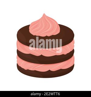 Dessert mit Schokoladenkeks und rosa Sahne, Sandwich isoliert auf weißem Hintergrund. Detaillierte Zeichnung Clipart, Gourmet-Design-Element. Vektorgrafik Stock Vektor