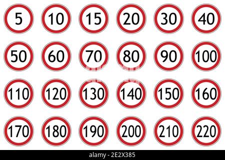 Geschwindigkeitsbegrenzungszeichen rot und weiß eingestellt Stock Vektor