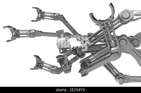 Roboterarme in Cupped, graues Metall 3d-Illustration, horizontal, über weiß, isoliert Stockfoto