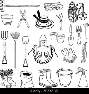 Eine Reihe von Gartengeräten. Ausrüstung des Gärtners.Vektor-Illustration im Doodle-Stil. Stock Vektor