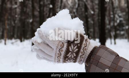 Damenhänden in gestrickten Fäustlingen halten an einem Wintertag natürlichen weichen weißen Schnee draußen. Fröhliche Winterzeit. Hand hält kalten Schnee. Zeit im Natu verbringen Stockfoto