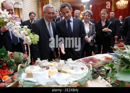 Der französische Präsident Nicolas Sarkozy nimmt am Empfang der Ladenbesitzer auf dem nationalen Lebensmittelmarkt von Rungis Teil, während der traditionellen Maiglöckchen-Zeremonie am 3. Mai 2010 im Elysee-Palast in Paris, Frankreich. Foto von Vladimir Sichov/Pool/ABACAPRESS.COM Stockfoto