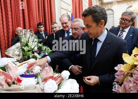 Der französische Präsident Nicolas Sarkozy nimmt am Empfang der Ladenbesitzer auf dem nationalen Lebensmittelmarkt von Rungis Teil, während der traditionellen Maiglöckchen-Zeremonie am 3. Mai 2010 im Elysee-Palast in Paris, Frankreich. Foto von Vladimir Sichov/Pool/ABACAPRESS.COM Stockfoto